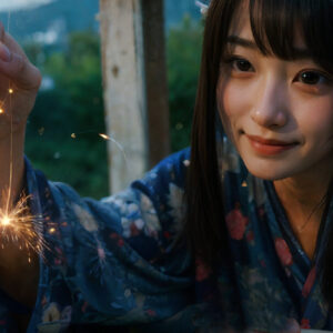 線香花火を見つめる浴衣美女