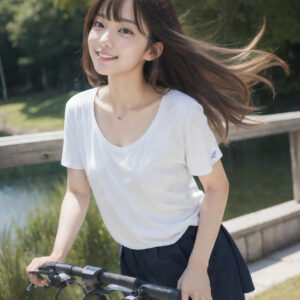 自転車に乗る笑顔の女性