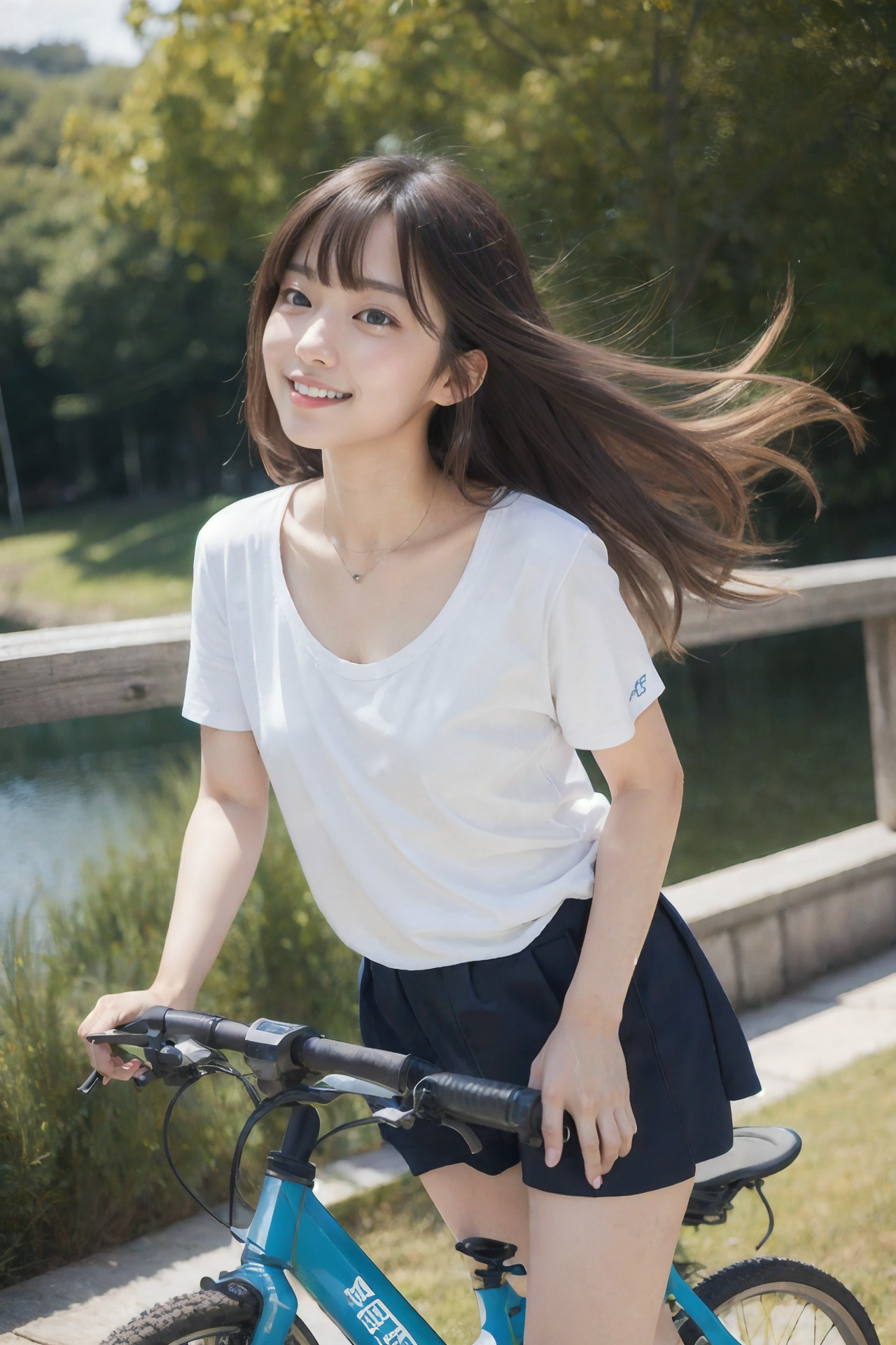 自転車に乗る笑顔の女性