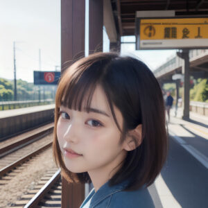 駅のホームで電車を待つ女の子