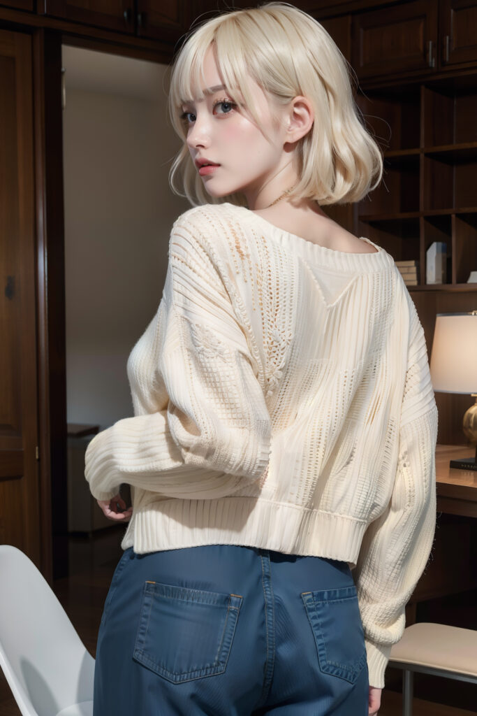 白いニットを着て振り返る金髪ショートボブの女性[453556906]