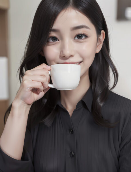 笑顔でコーヒーを飲んでいる女性