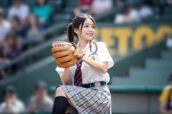 始球式でボールを投げる女子高生の制服を着たアイドル
