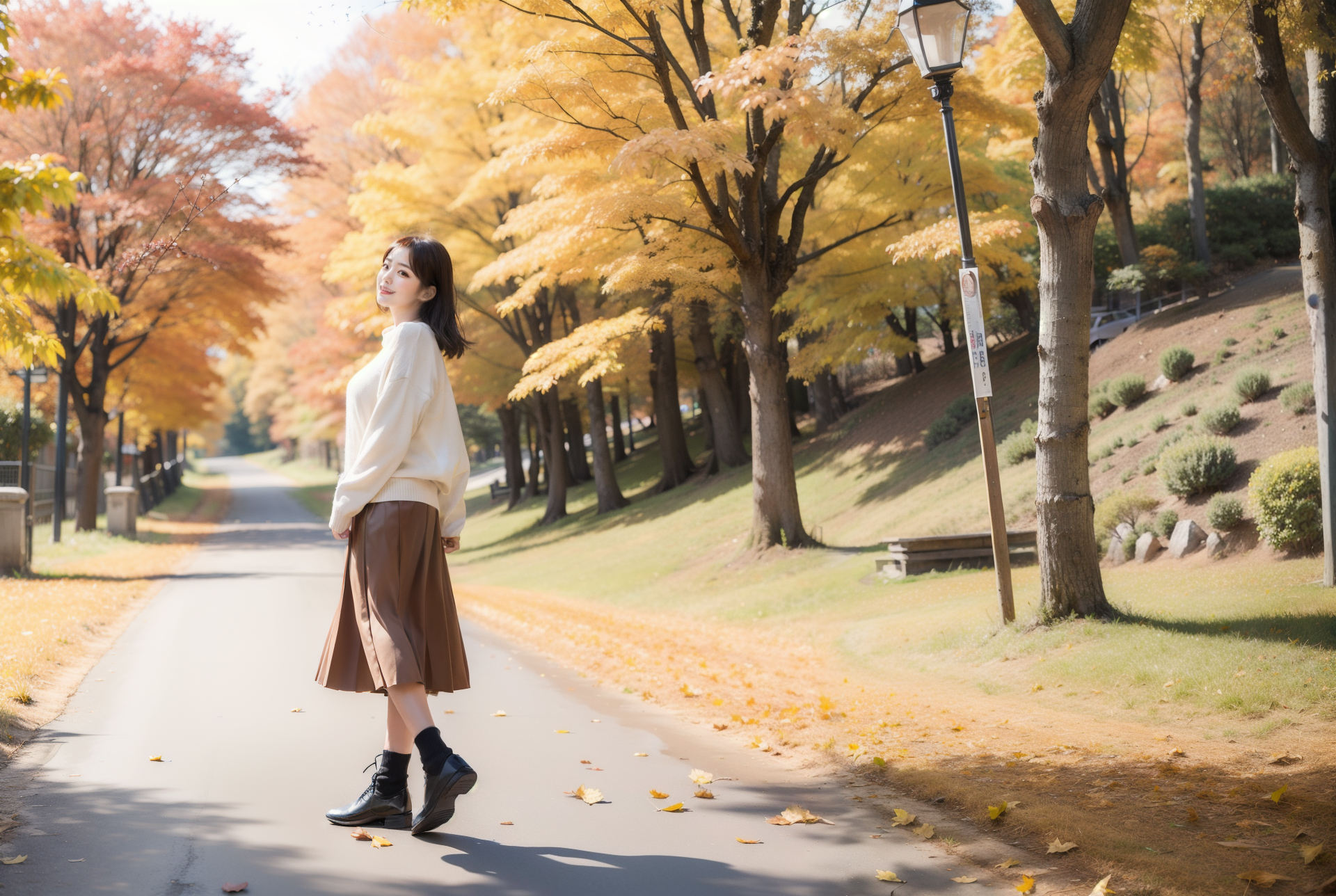 紅葉が綺麗な遊歩道を散歩する女性