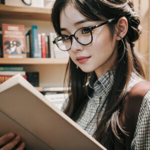 本棚の前で立ち読みしているメガネを掛けた女性[1852773077]