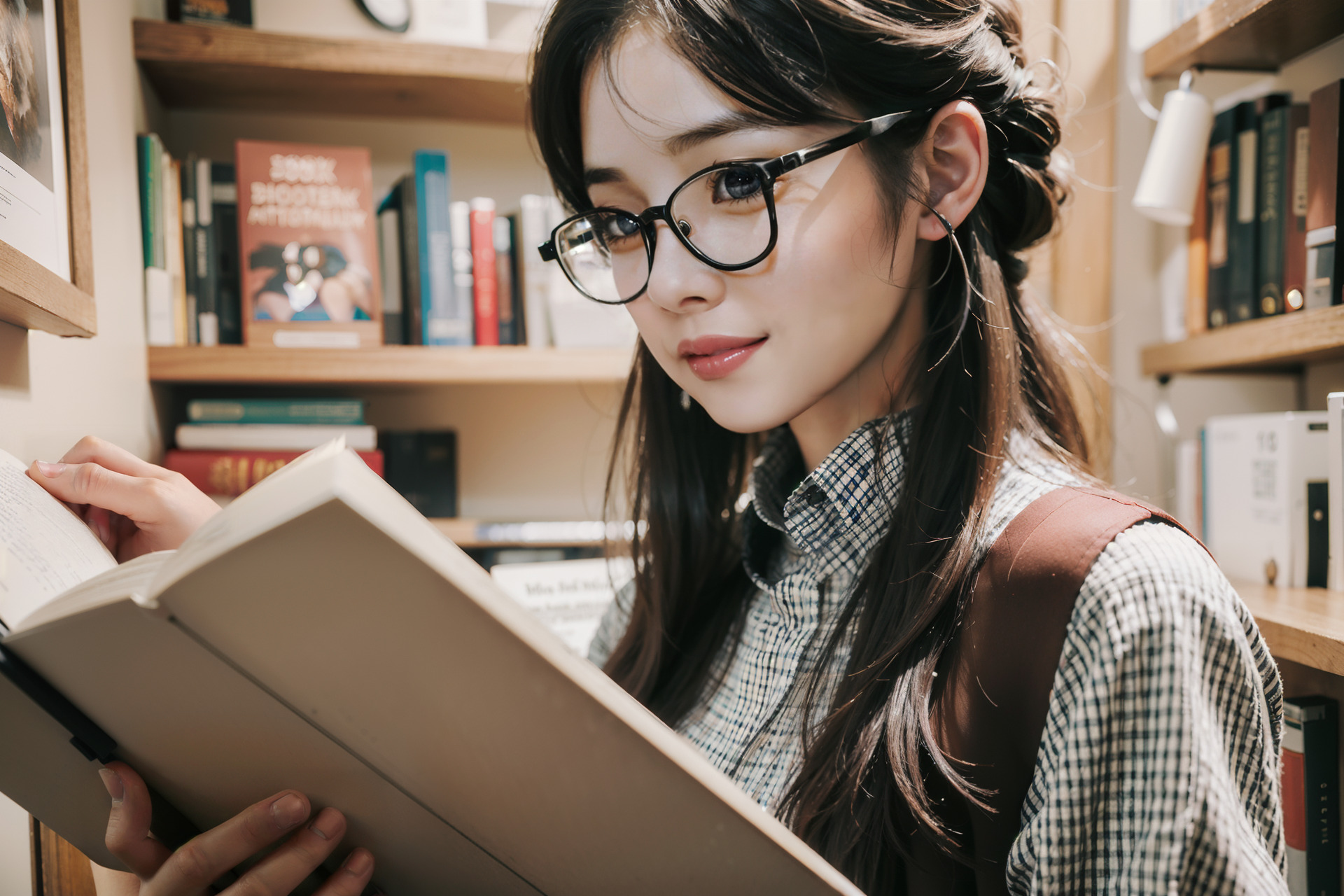 本棚の前で立ち読みしているメガネを掛けた女性