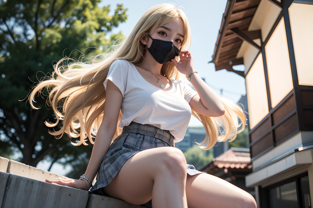 ミニスカートで石段に座って見下ろす黒いマスクをした金髪美女[2563228921]