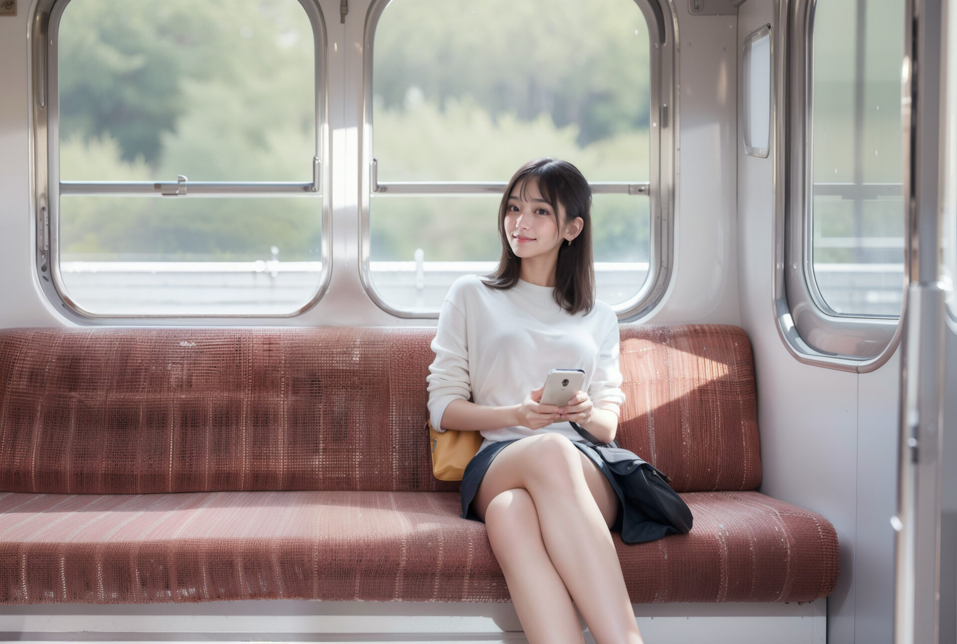 電車でスマホを持ちながら足を組んで座っている女性