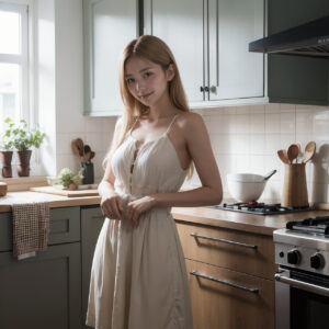 オシャレな北欧風のキッチンで料理をしようとしている金髪の女性