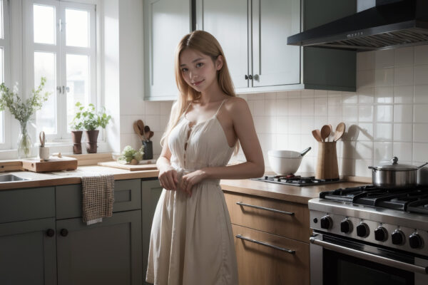 オシャレな北欧風のキッチンで料理をしようとしている金髪の女性