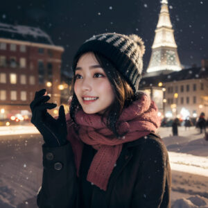 イルミネーションが綺麗な広場で舞い落ちる雪に手をかざすニット帽とマフラー姿の女性