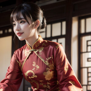 中華風の屋内で奥の方を見つめている赤いチャイナドレスの女性