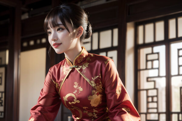 中華風の屋内で奥の方を見つめている赤いチャイナドレスの女性