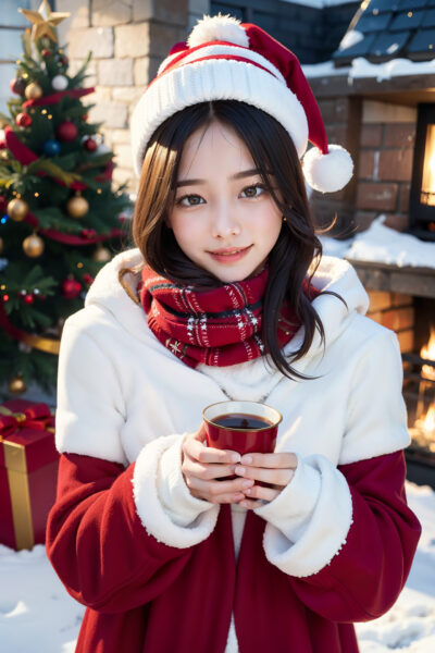 クリスマスツリーの前でマグカップを片手に笑顔で微笑むサンタ帽子の女性