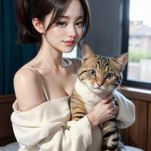 部屋の窓際で猫を抱っこしている女性