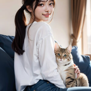 ソファで猫を撫でながら笑顔で振り向く女性