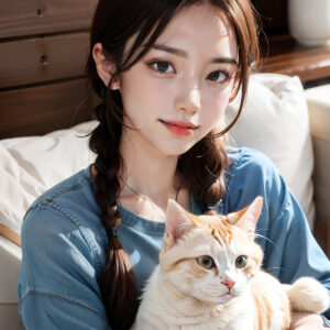 ソファに座って愛猫を膝の上で抱く三つ編みの女性