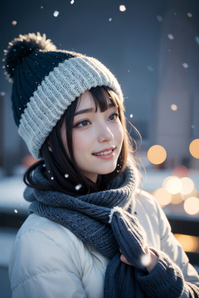 雪がふわふわと降る寒い冬の日にニット帽とマフラーを身に着けて笑顔で遠くを見つめる女性
