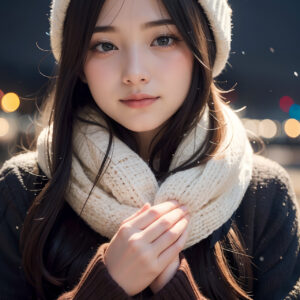 雪が降る寒空に胸の前に手をあてる女性のクローズアップポートレート