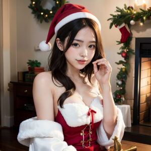 クリスマスムードにデコった部屋の暖炉の前でセクシーなサンタコスをしている女性