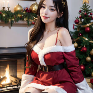 クリスマスツリーと暖炉の前でトナカイの角とサンタのコスプレをした笑顔の女性