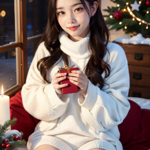 クリスマスプレゼントをもらって嬉しそうな白いロングニットにサンタ帽子の女性