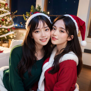 サンタコスでクリスマスパーティーをする二人の美女
