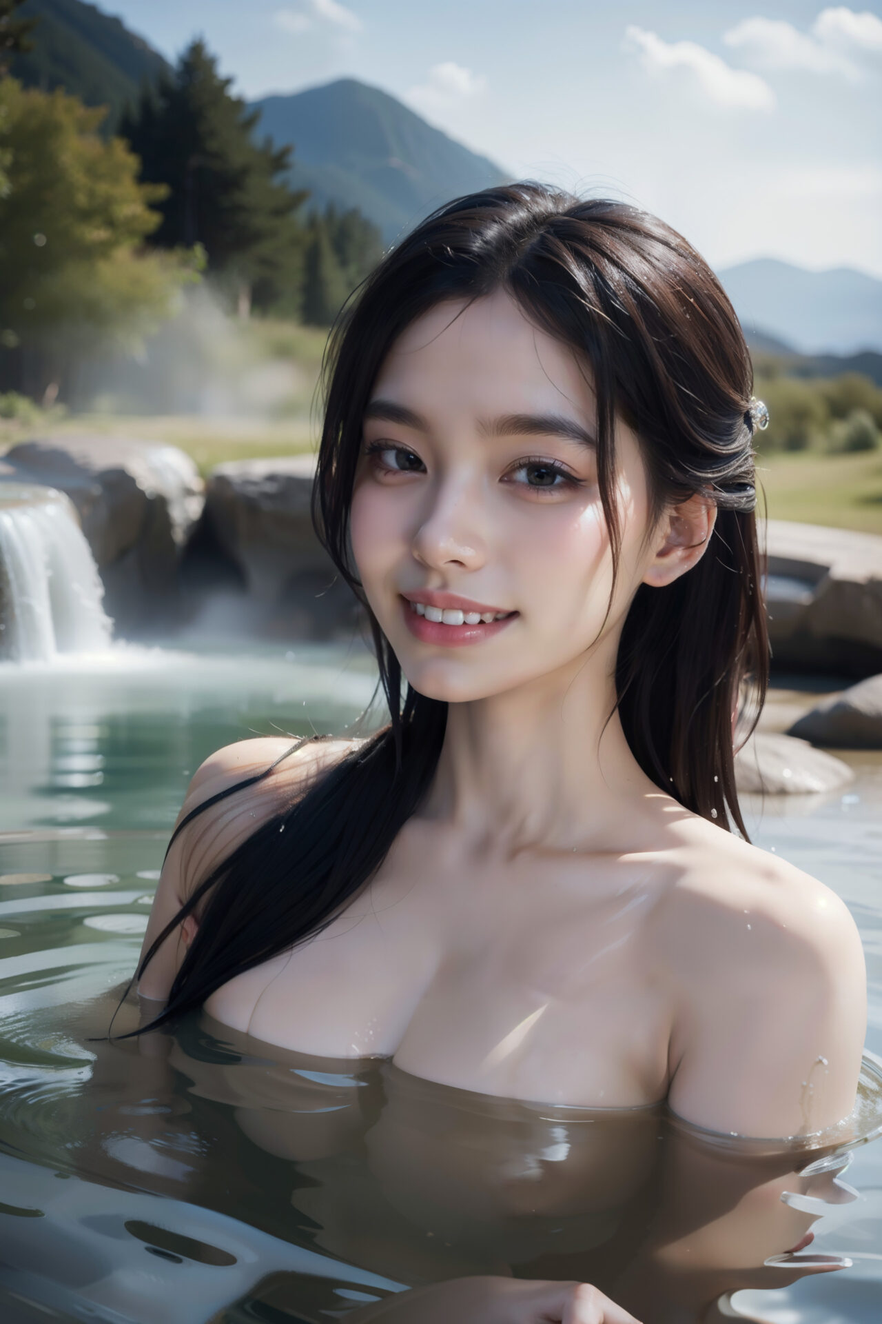 のどかな景色の野天風呂に浸かる笑顔の女性