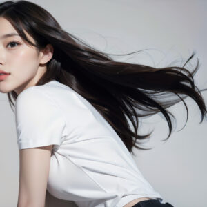 白いTシャツ姿で躍動感のある女性