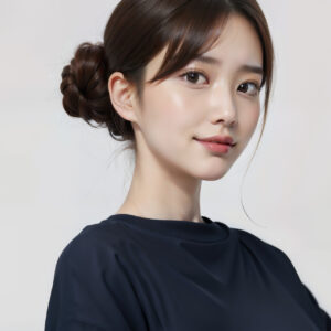 笑顔で見下ろすお団子ヘアの女性