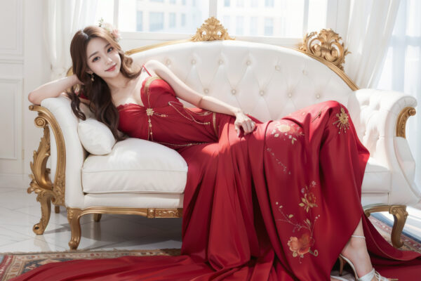 ラグジュアリーなソファで横になる深紅のドレスを身に纏った美女