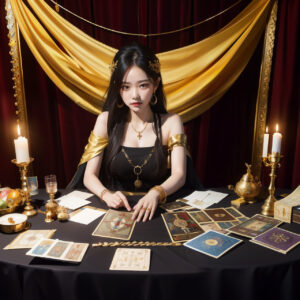 占いの館でタロットカードを展開する女性占い師