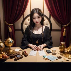 厳かな雰囲気の占いの館の美人占い師