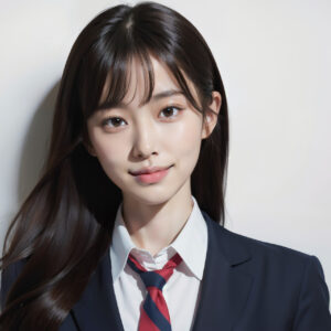 ブレザーの制服を着て微笑む女子高生