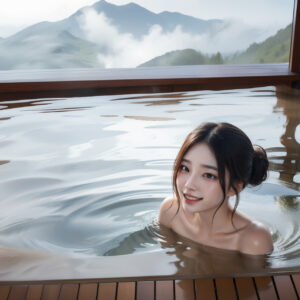 絶景の露天風呂に浸かる女性