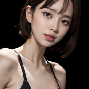黒いキャミソール姿で見上げるショートボブの女性