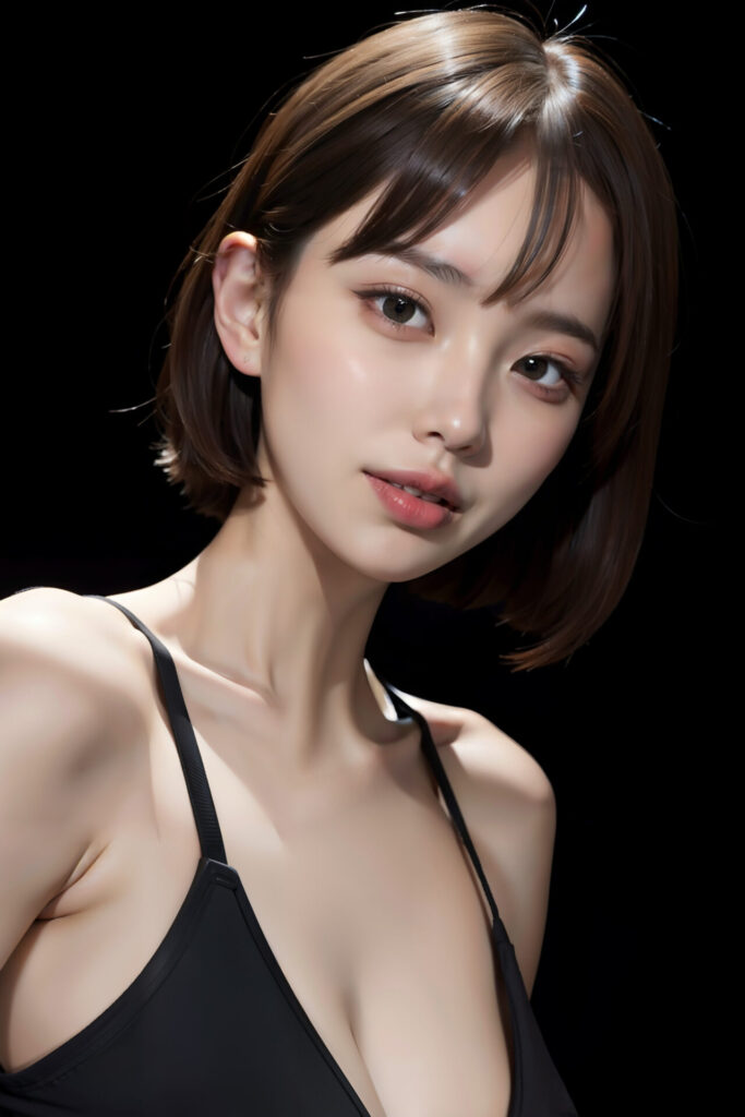 黒いキャミソール姿で見上げるショートボブの女性[2678414118]