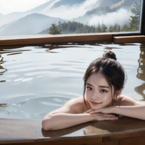 アゴを腕に乗せてリラックスして温泉に入る女性