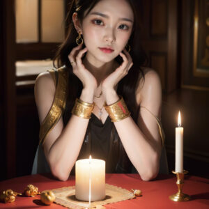 薄暗い部屋でろうそくの灯りに照らされる真剣な表情の占い師