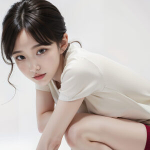 腕を組んでしゃがみながら上目遣いで見上げる女性