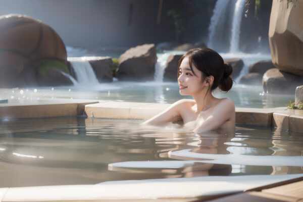 露天風呂で大自然と滝を見ながらリフレッシュする女性