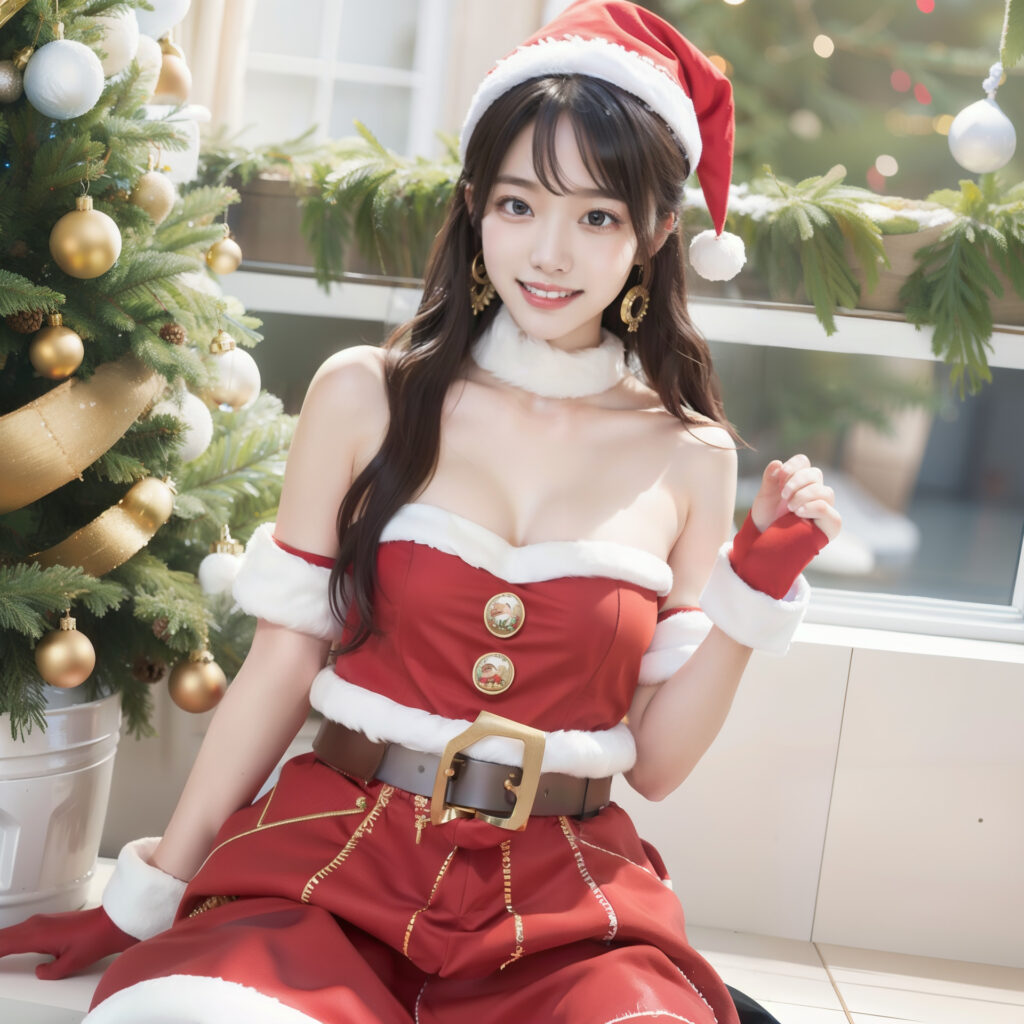 サンタのコスプレをしてクリスマスツリーの横に座る美女[2936838540]