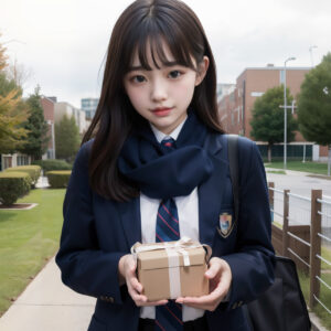 バレンタインデーに通学路で手作りチョコを渡そうとしている女子高生