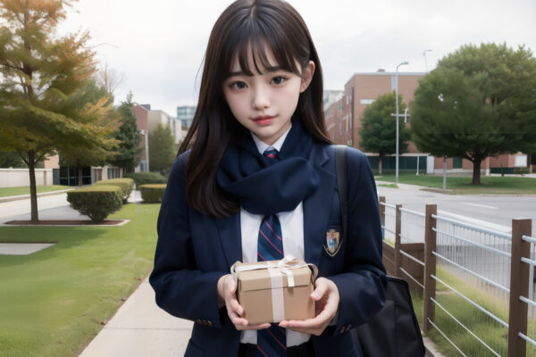 バレンタインデーに通学路で手作りチョコを渡そうとしている女子高生