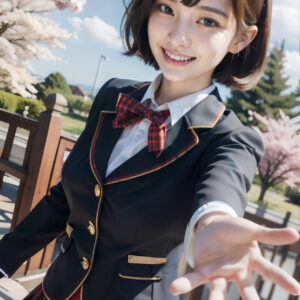 桜が綺麗な校門の前で笑顔で手を差し伸べる女子高生