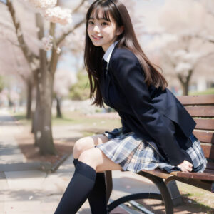 桜並木が綺麗なベンチに座っている女子高生