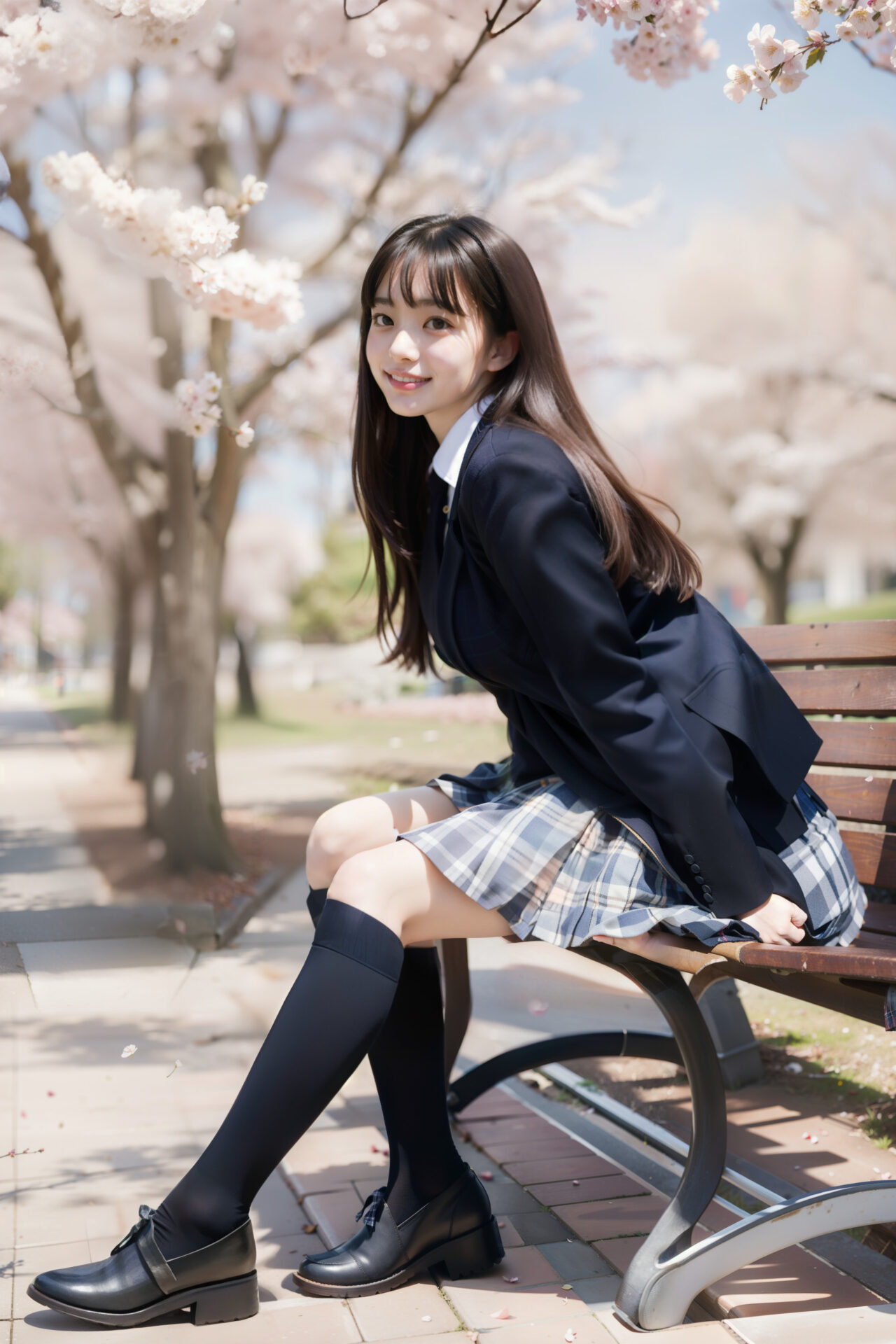 桜並木が綺麗なベンチに座っている女子高生