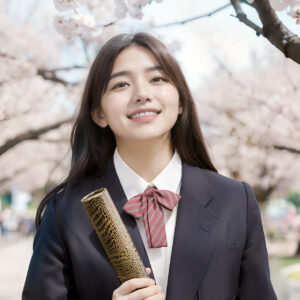 卒業証書の筒を持って桜の木の下で微笑む女子高生
