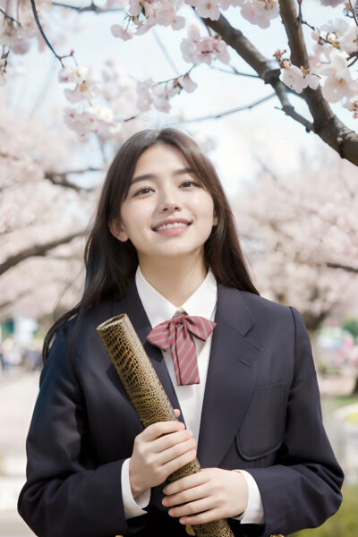 卒業証書の筒を持って桜の木の下で微笑む女子高生