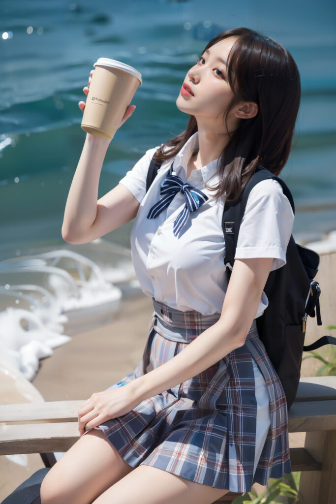 学校帰りに海のそばで飲み物を飲んでいる女子高生[3943707184]